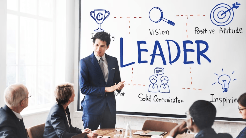 pemimpin bisnis memimpin tim dengan strategi kepemimpinan efektif di kantor modern